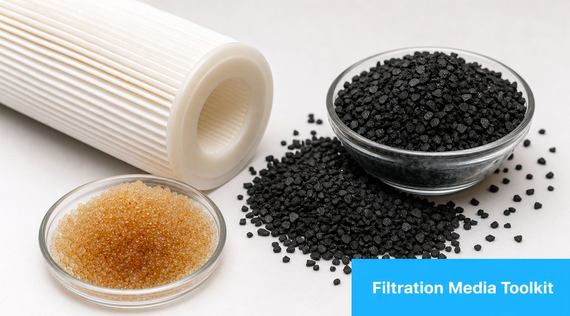 A water filter cartridge sits next to bowls of ion exchange resin and activated carbon media.