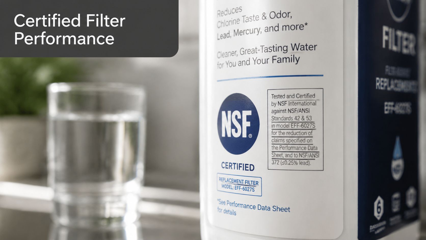 A close-up view of a certified water filter replacement package labeled with NSF standards and performance details.