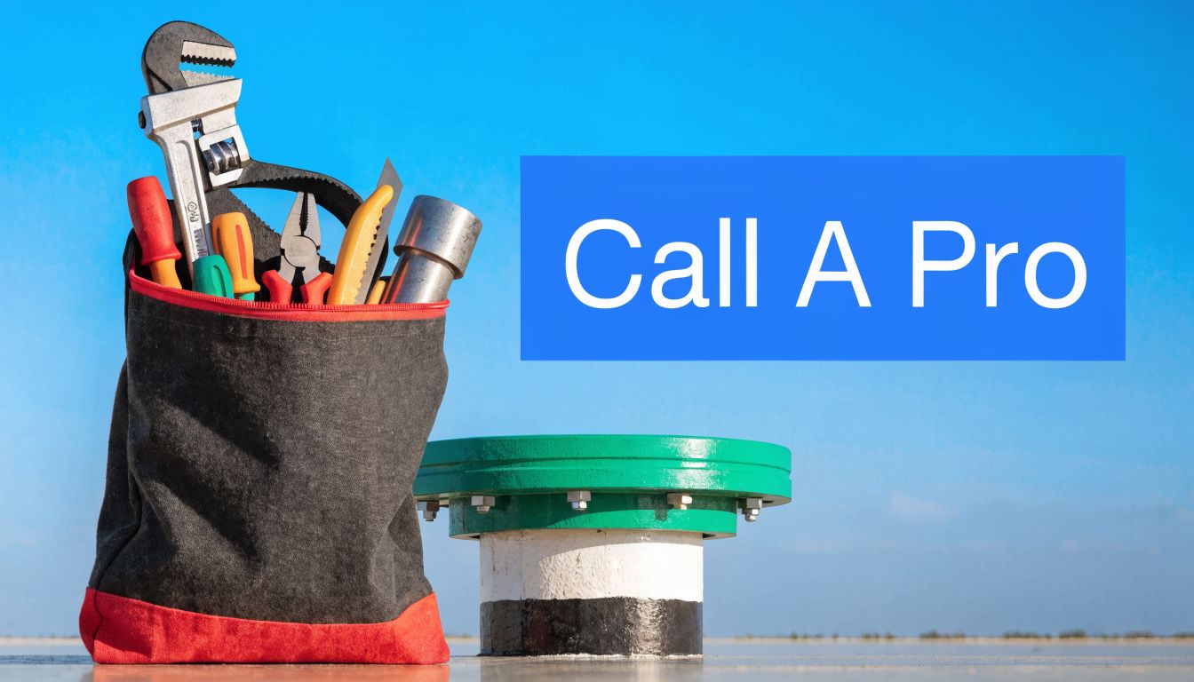 A professional tool bag with plumbing equipment placed next to a well pump on a sunny day.