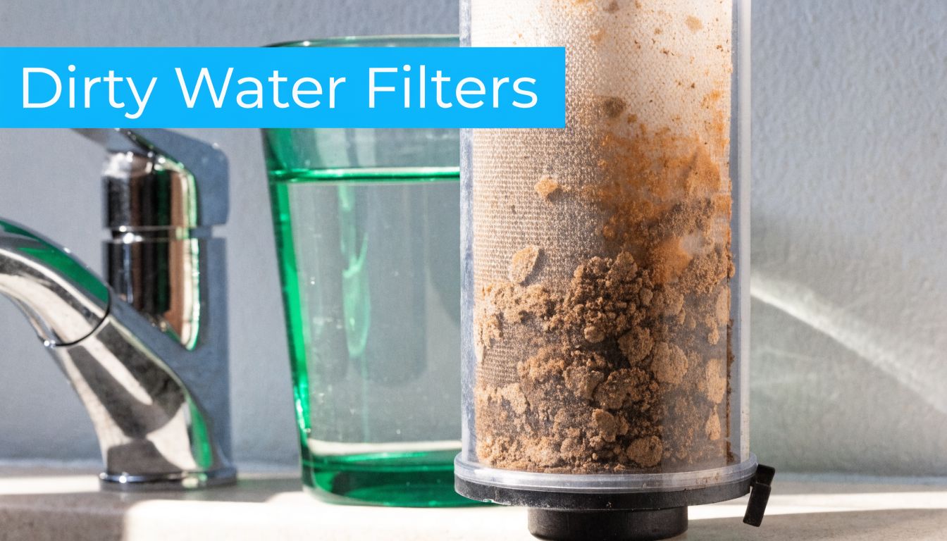 A close-up view of a dirty, sediment-clogged water filter cartridge sitting on a counter next to a glass.
