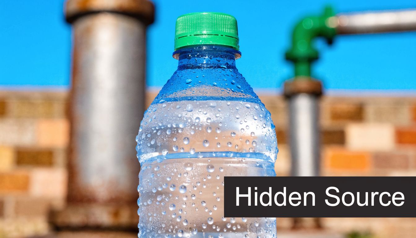 A clear plastic water bottle covered in condensation, positioned in front of industrial piping and brick.