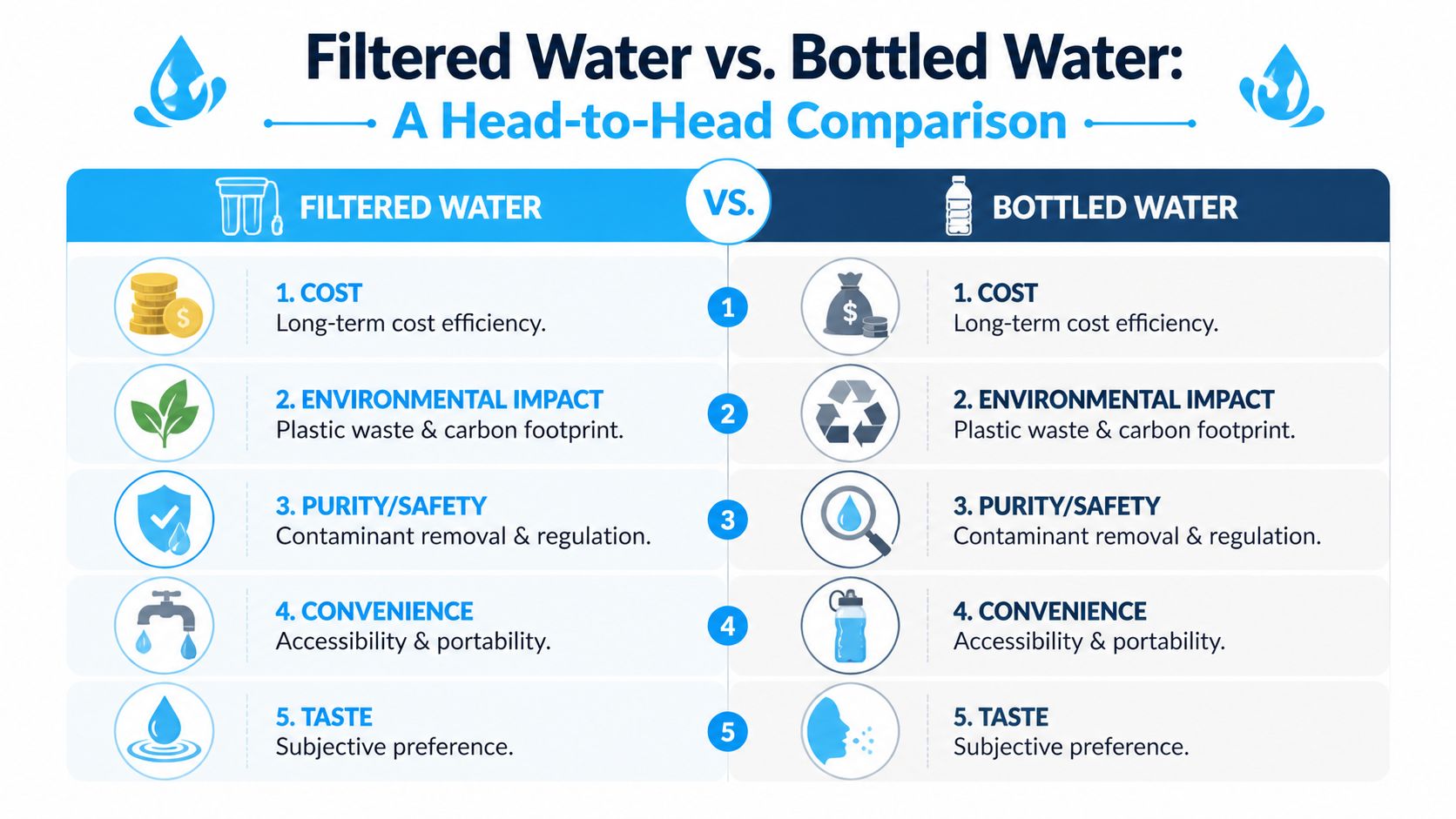 A comparative infographic outlining five key factors between filtered water and bottled water for consumer decision making.