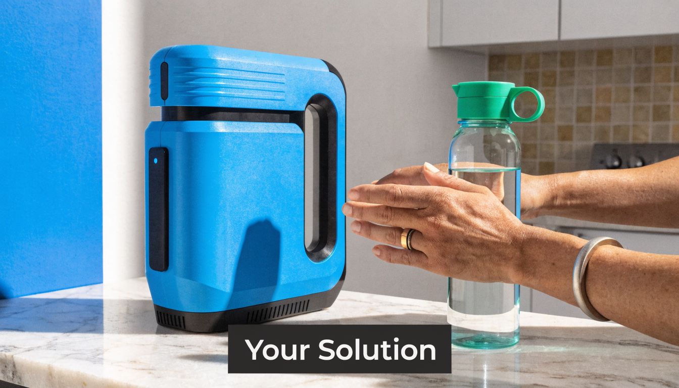 A person placing a water bottle next to a portable countertop water filtration system on a counter.