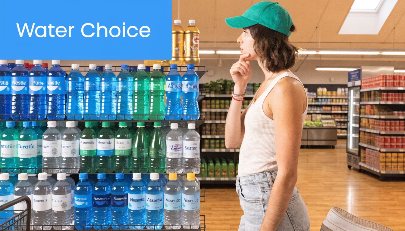 A young woman wearing a green cap thoughtfully choosing between numerous bottled water brands in a supermarket aisle.