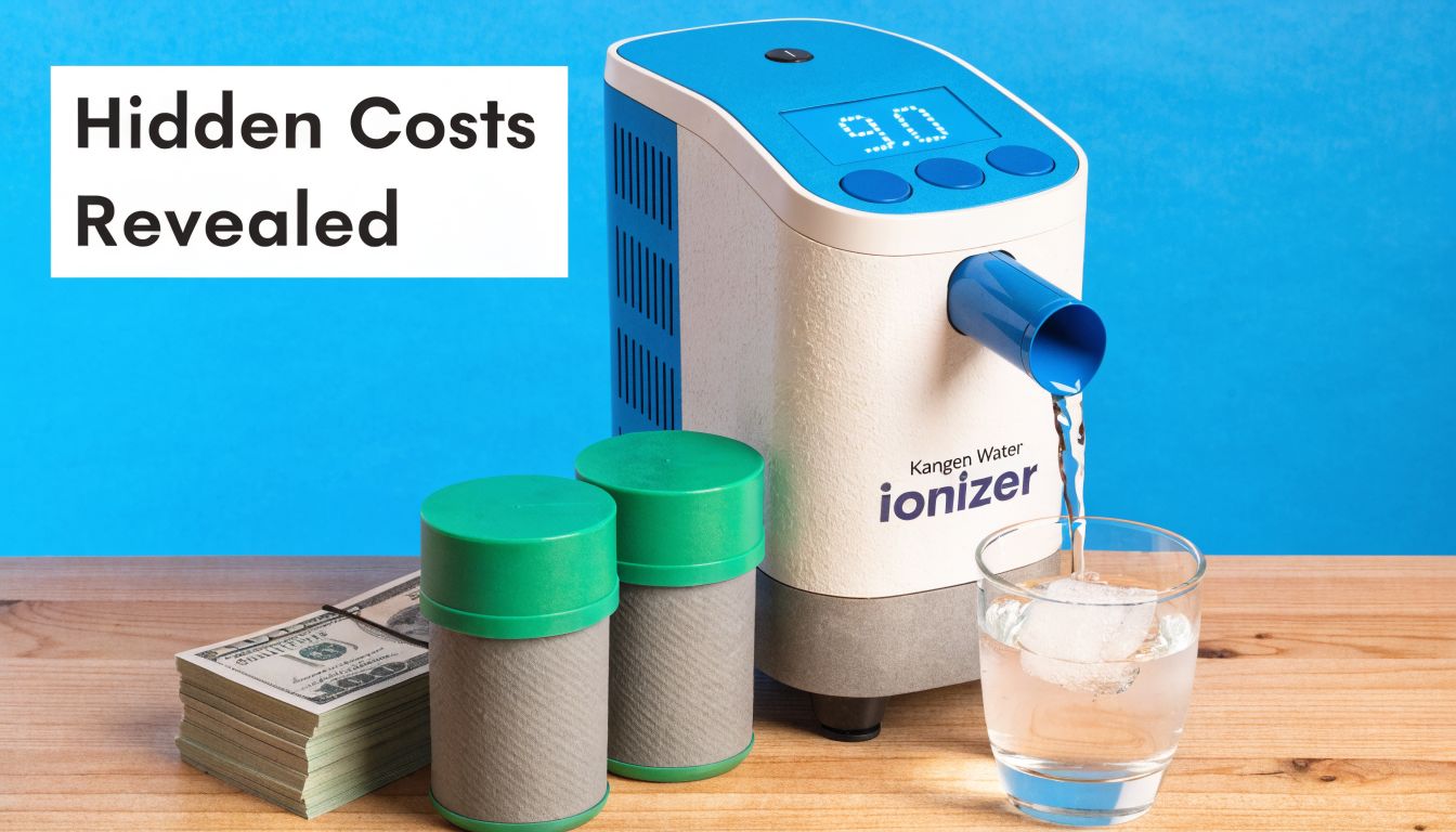 A Kangen water ionizer machine on a wooden table with replacement water filters and a stack of money.