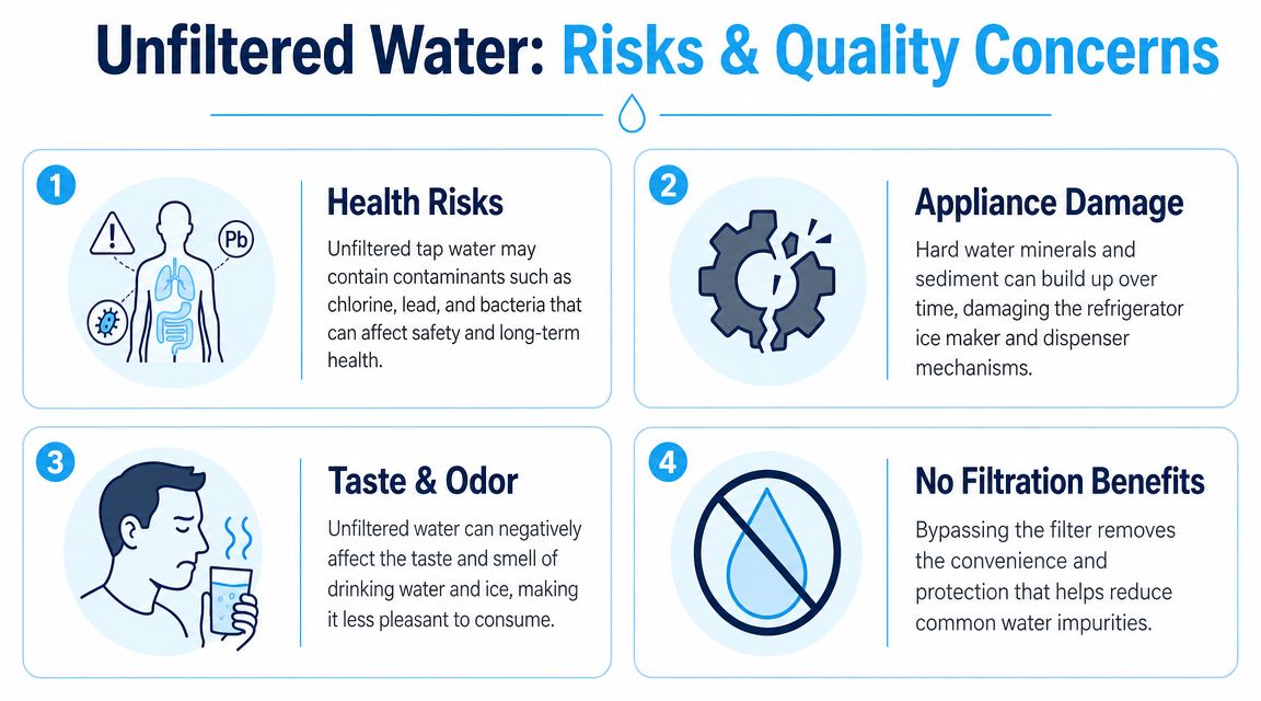 An infographic detailing the various health, safety, and appliance risks associated with using unfiltered refrigerator water.