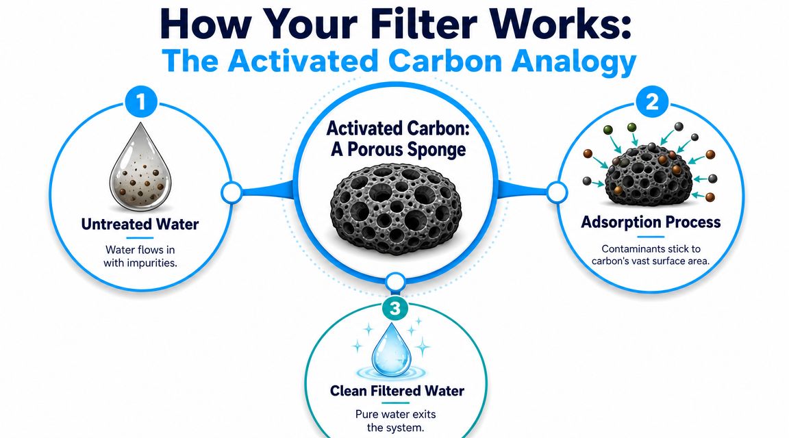 An infographic showing the three steps of how an activated carbon water filter removes impurities.