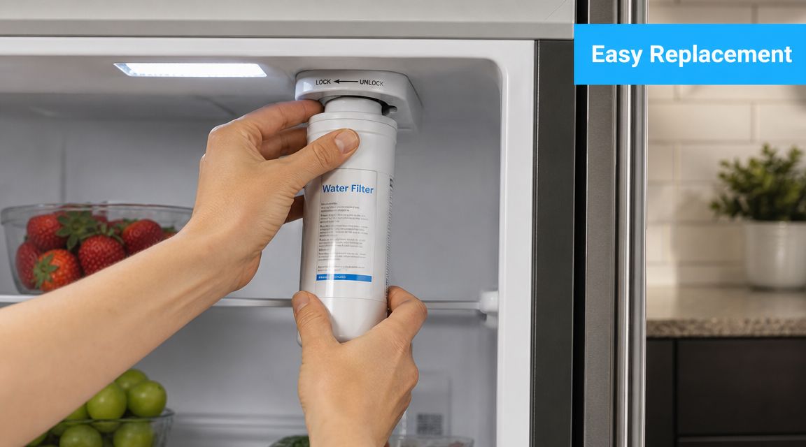 A person's hands installing a white replacement water filter cartridge inside a modern kitchen refrigerator.