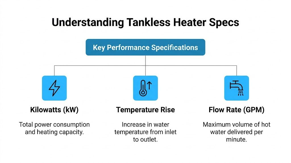 A diagram illustrating the three key performance specifications for tankless water heaters: kilowatts, temperature rise, and flow rate.