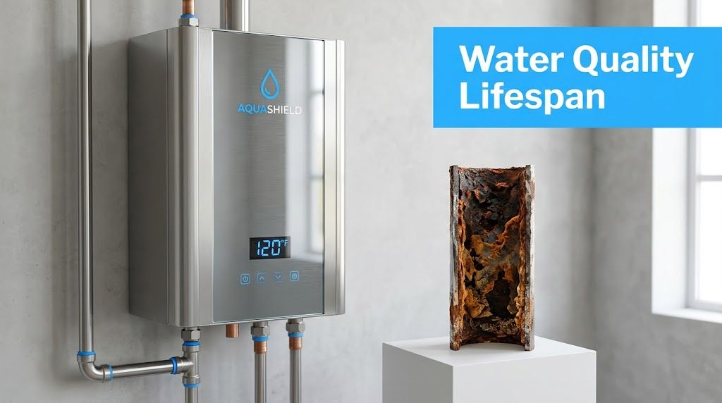 A modern tankless electric water heater next to a corroded pipe showing poor water quality impact.