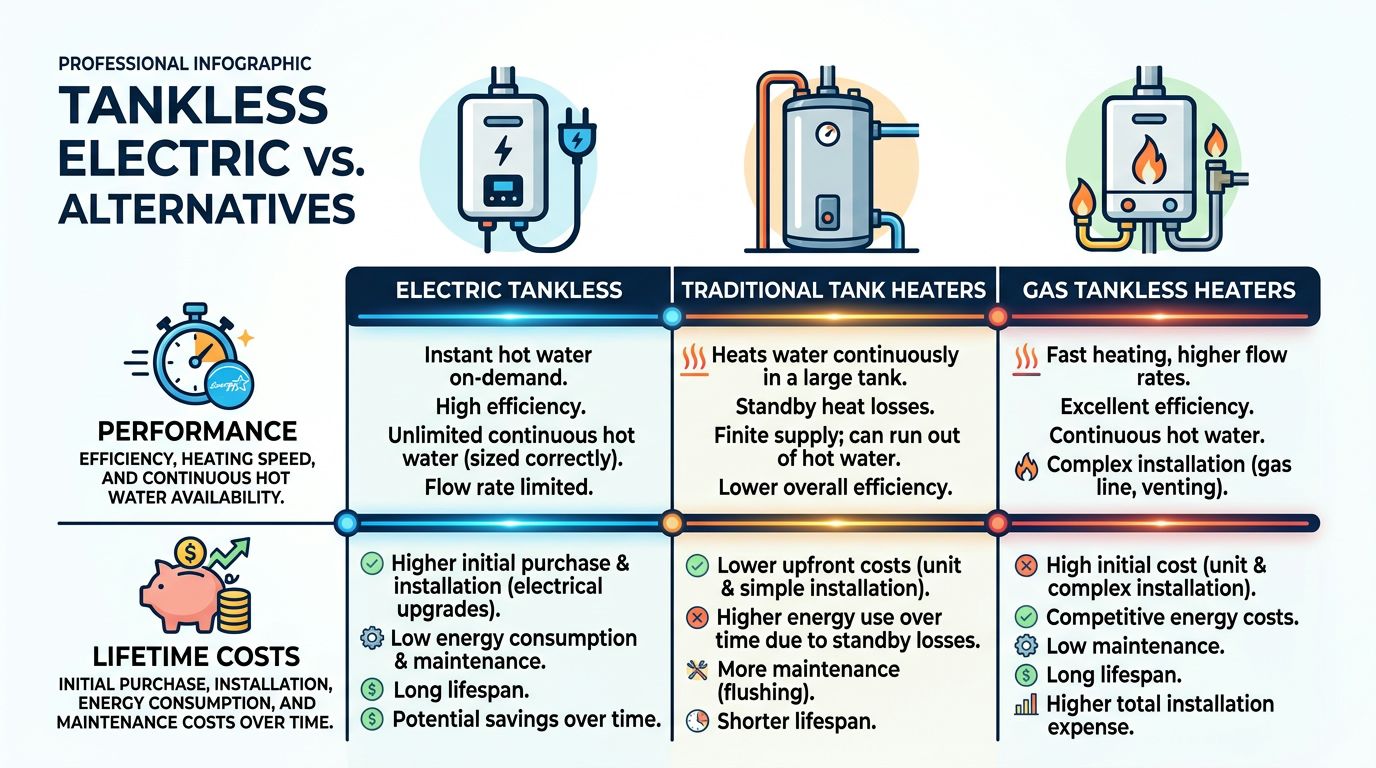 An infographic comparing electric tankless, traditional tank, and gas tankless water heaters based on performance and costs.