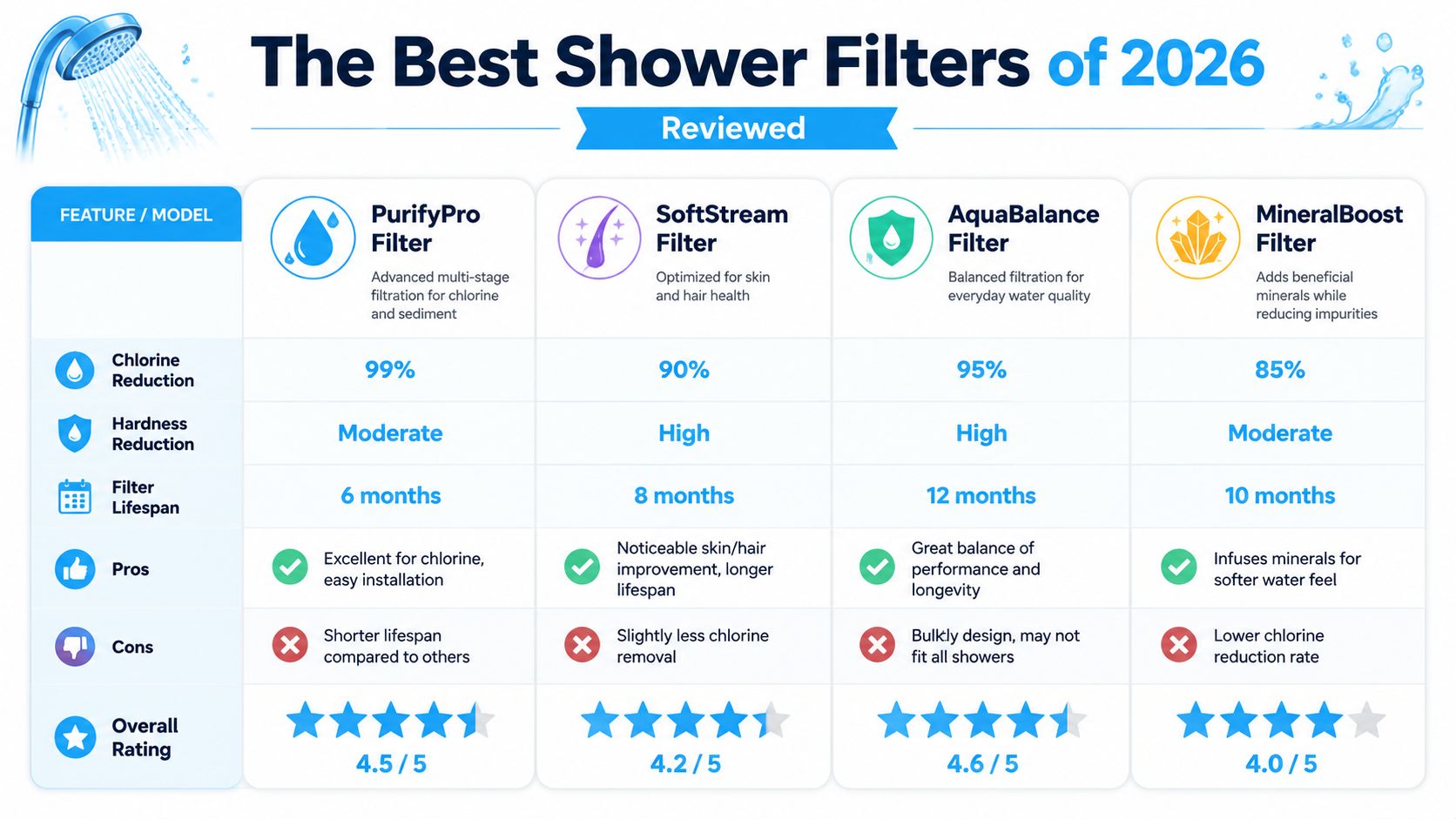 A comparison chart of the best shower filters of 2026 showing features and customer ratings.