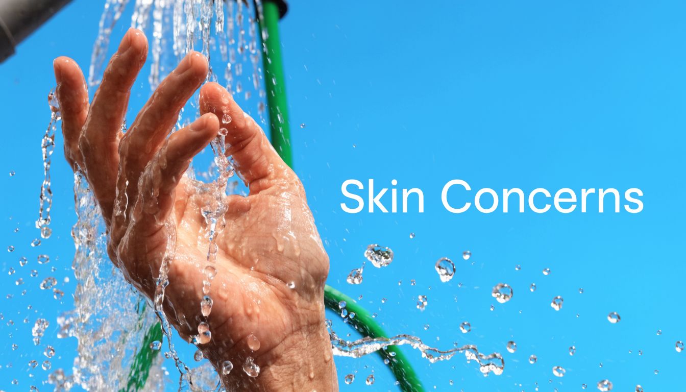 A close-up view of a hand under a gentle water stream against a bright blue background.