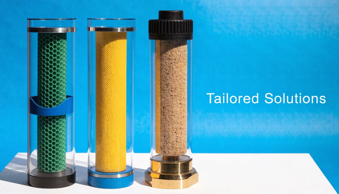 Three different water filter cartridges in clear cylindrical housings displayed on a white surface against blue.