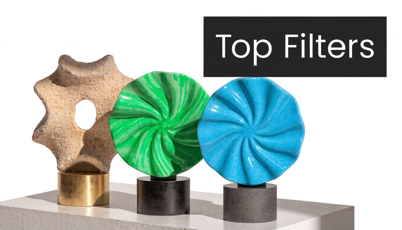 Three abstract sculptural objects on display, featuring a textured stone piece and two vibrant spiraled ceramic discs.