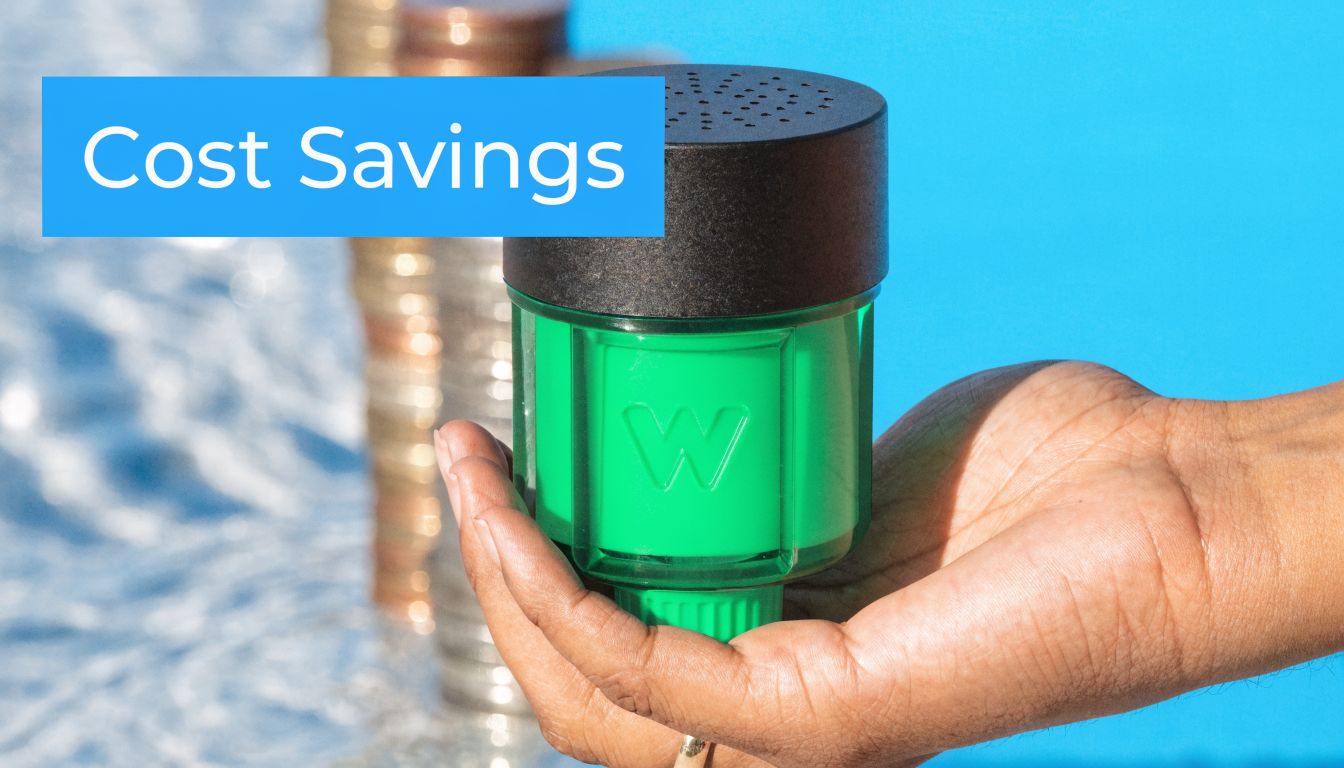 A hand holds a green water filter device with a W logo in front of a coin stack.