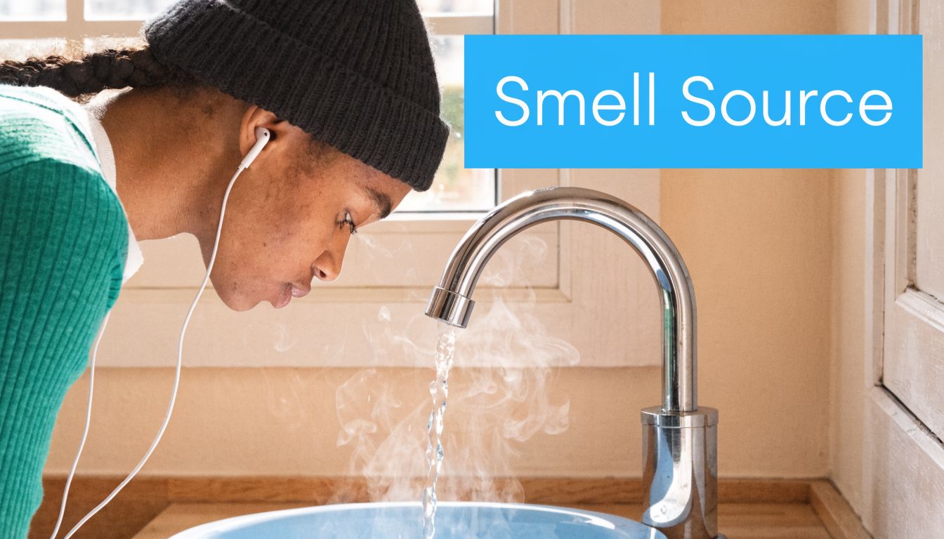 A person leans toward a steaming bathroom sink faucet to smell the hot water flowing out.