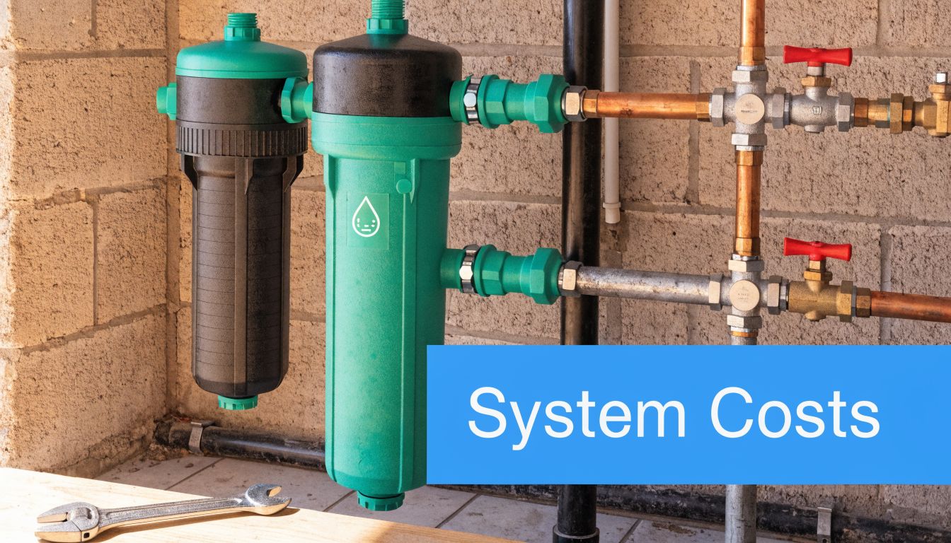 A professional water filtration system installed on a brick wall with tools nearby for maintenance.
