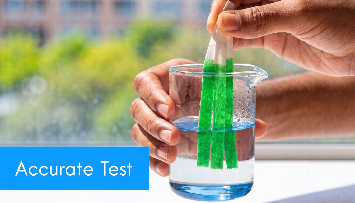 A close-up of a person's hands holding green testing strips inside a glass beaker filled with water.