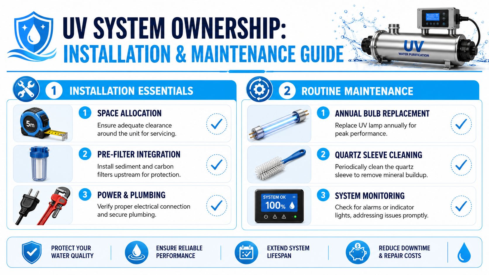 An infographic titled UV System Ownership showing steps for installation and routine maintenance of water purification units.