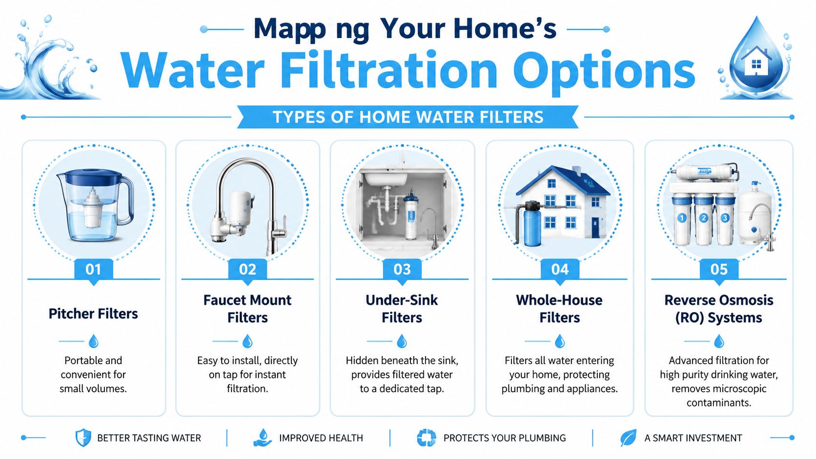 An infographic illustrating five different types of water filtration systems available for residential home use.