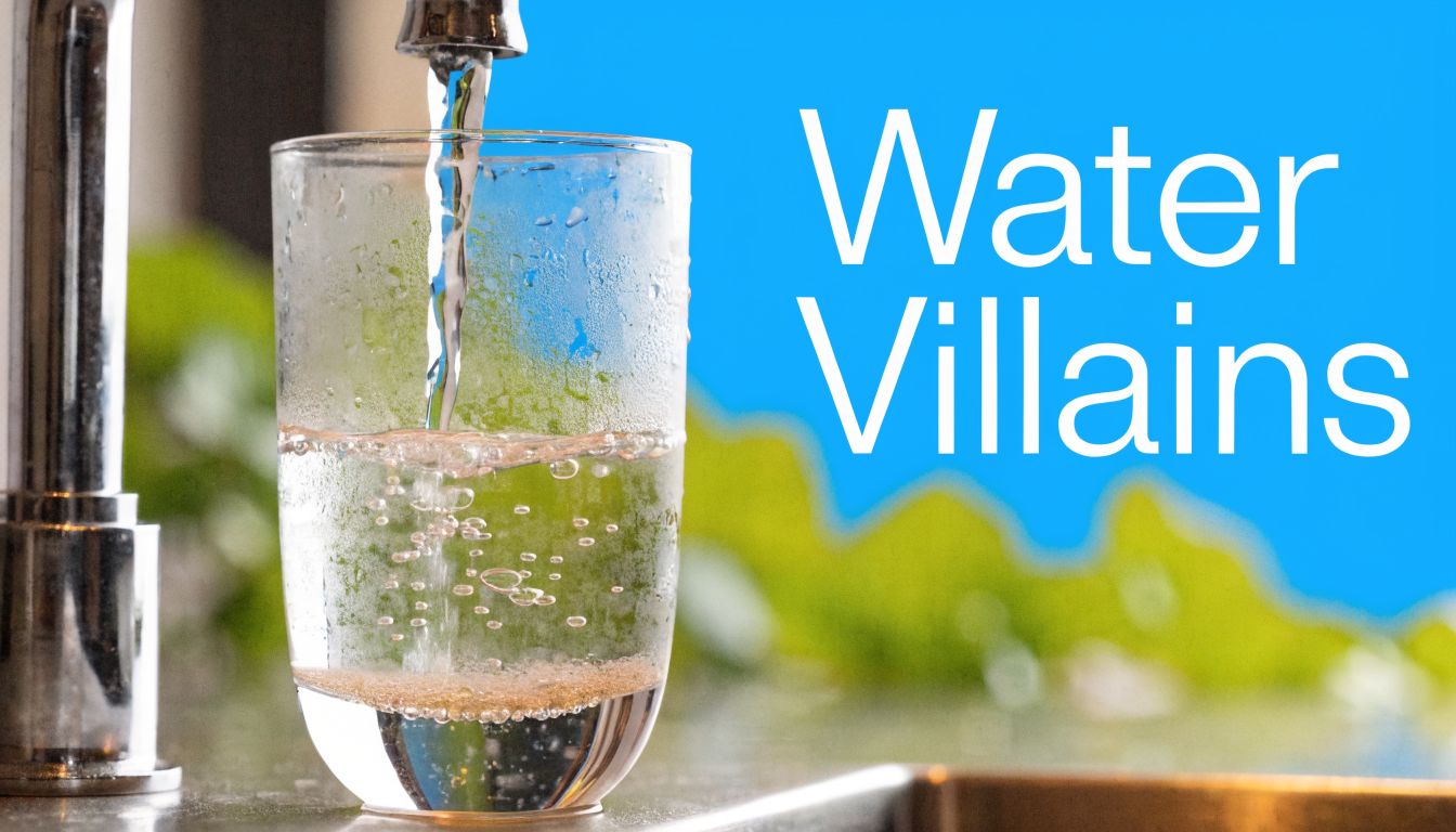 A glass of fresh water being filled from a modern faucet with bright blue background.