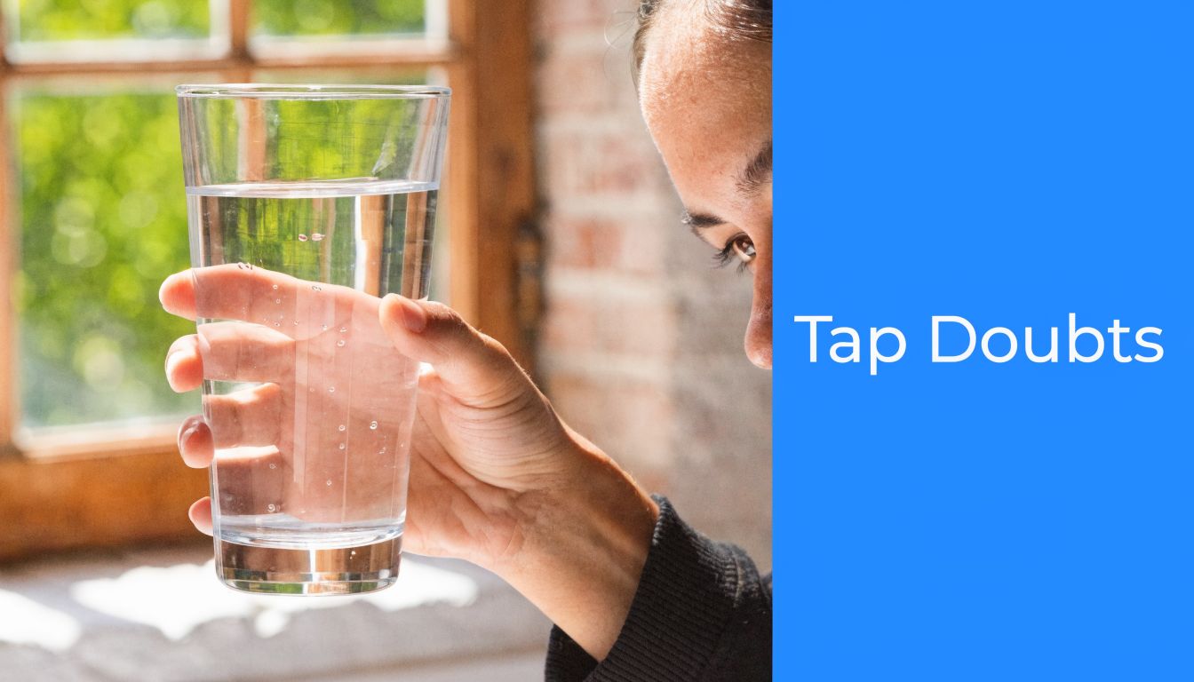A person holding a clear glass of water while looking at it, with the text Tap Doubts.