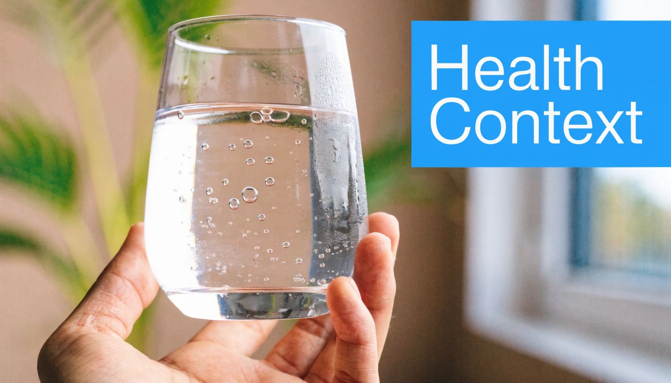A hand holding a glass of clear water with bubbles against a blurred indoor background.