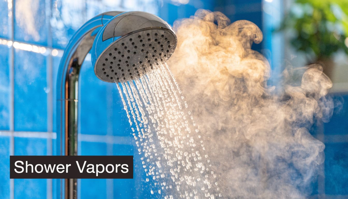 A close-up view of a shower head releasing hot water spray with visible steam in a bathroom.
