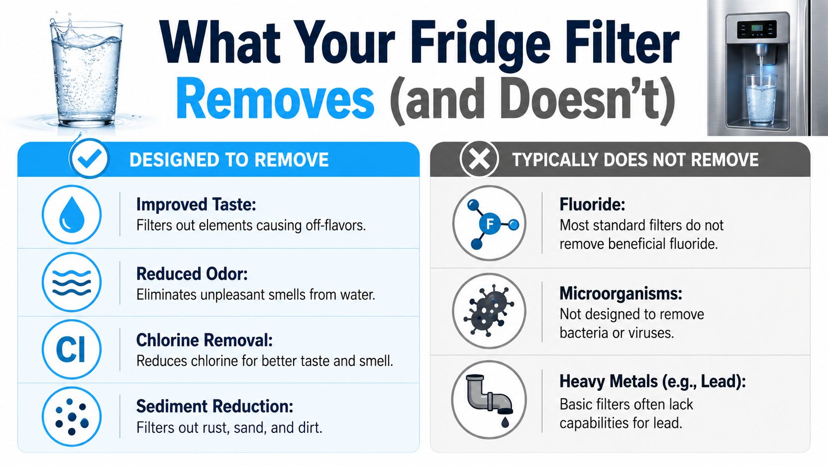 A chart showing what standard refrigerator water filters are designed to remove and what they do not remove.