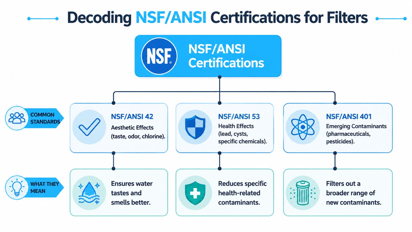 A chart explaining NSF/ANSI certifications for water filters including standards 42, 53, and 401 and their meanings.