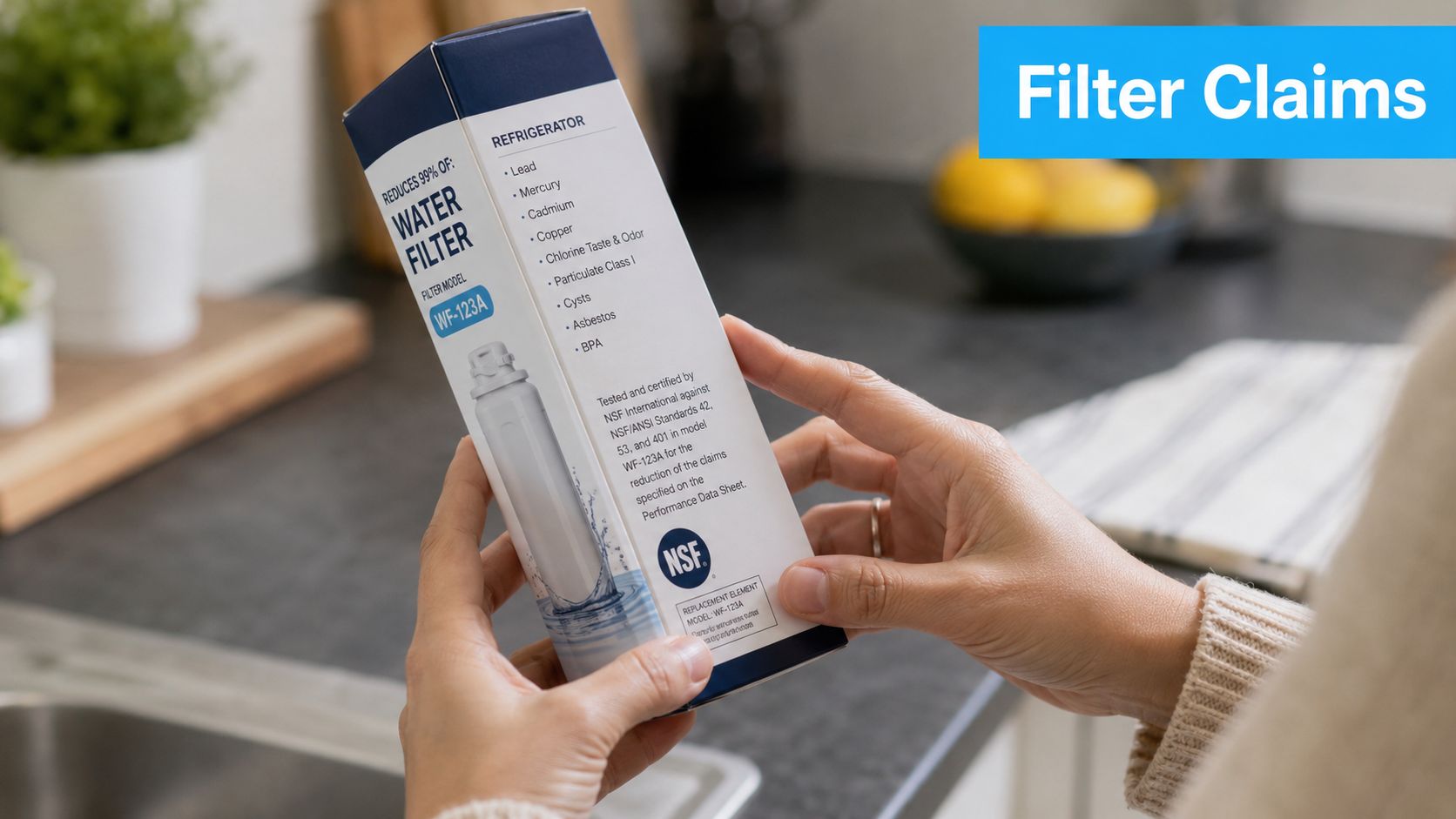 A person holding a water filter box detailing the contaminants it removes from refrigerator water.