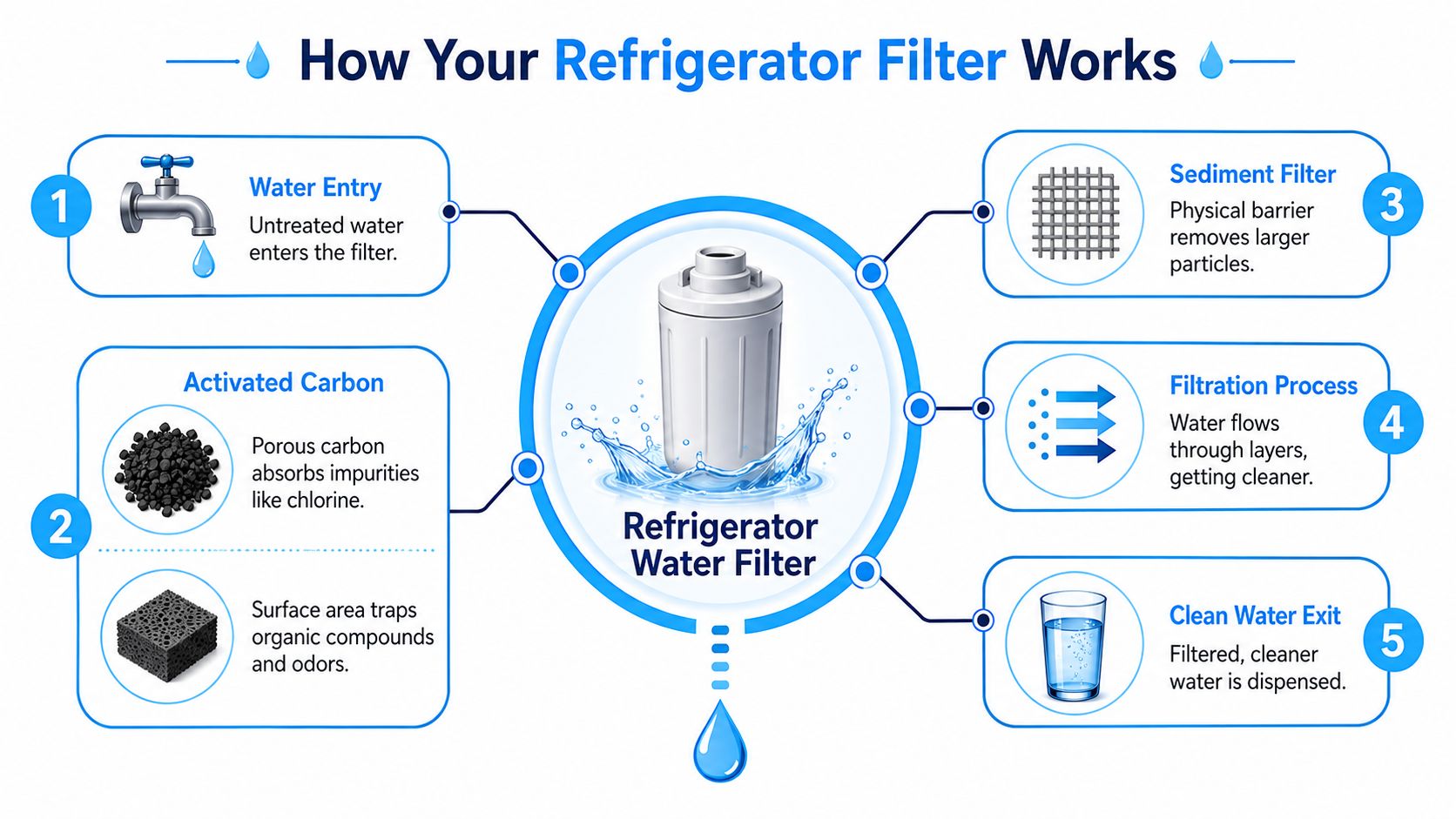 An infographic showing the five-step process of how a refrigerator water filter cleans incoming tap water.