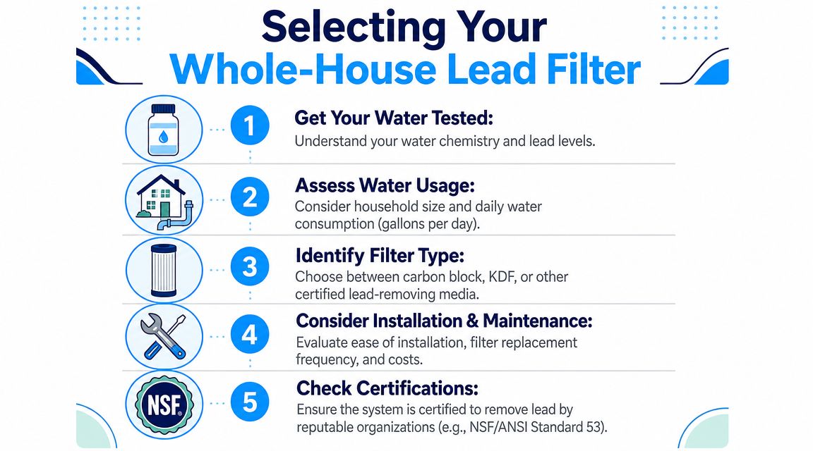 An infographic showing five steps to choose a whole-house water filter for removing lead from home systems.