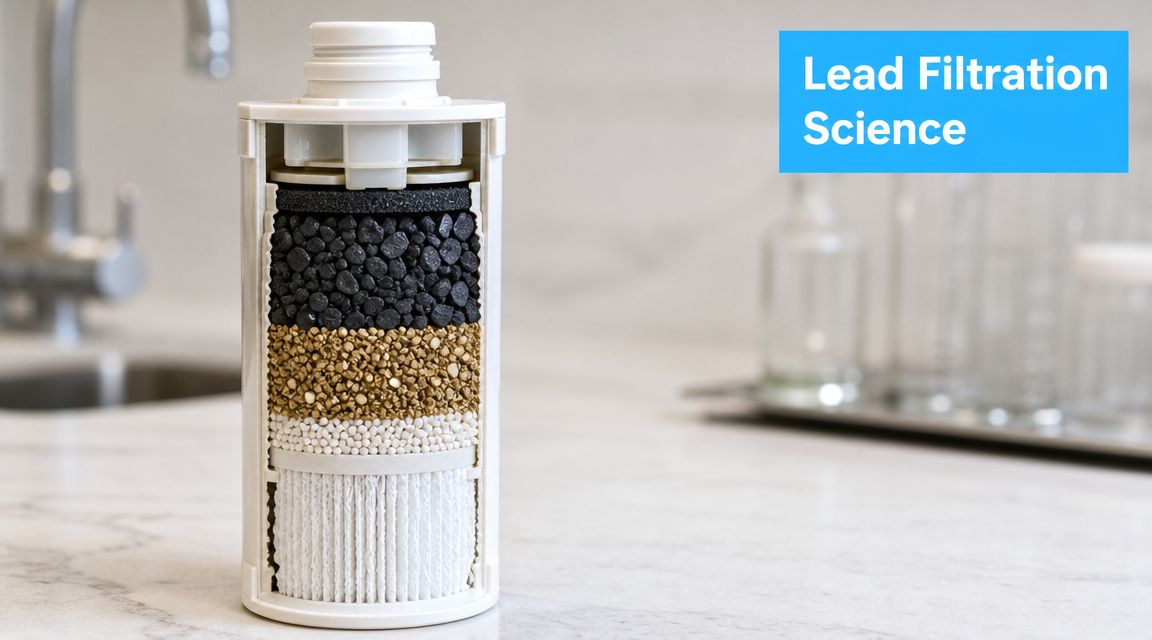 A cutaway view of a multi-stage water filter cartridge designed for effective lead filtration and removal.