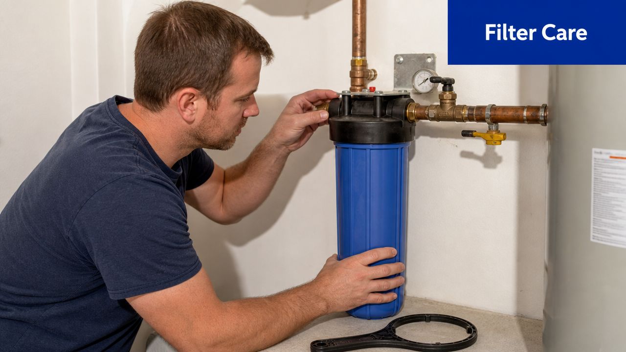 A man servicing a blue whole house water filter housing unit attached to copper plumbing pipes.