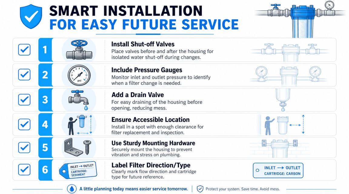 An instructional infographic demonstrating six tips for smart whole house water filter system installation and maintenance.