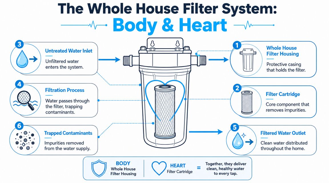 A diagram illustrating the components and the filtration process of a whole house water filter system.