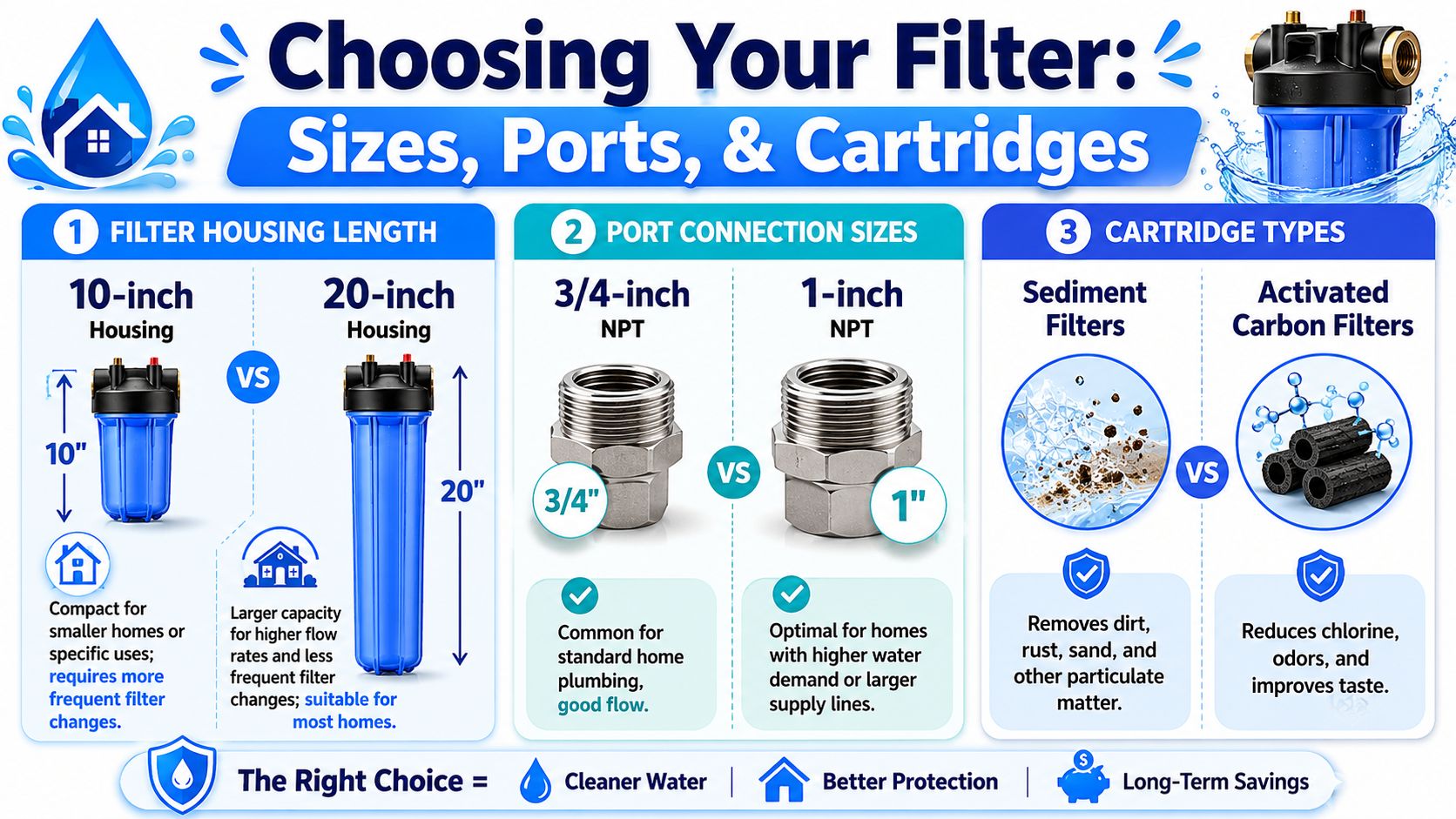 An infographic comparing whole house filter housing sizes, port connections, and cartridge types for water filtration systems.