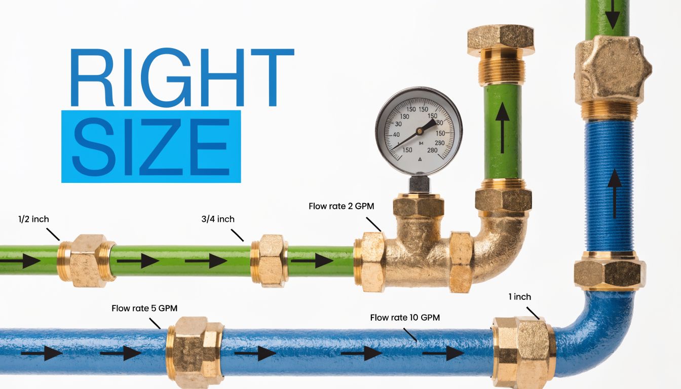A diagram illustrating pipe size selection and water flow rates for home plumbing and filtration systems.