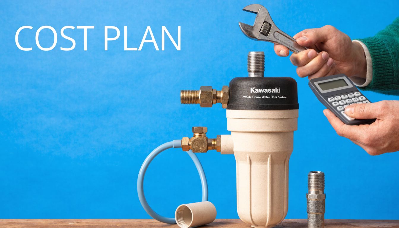 A person holding an adjustable wrench and calculator beside a Kawasaki whole house water filter system.