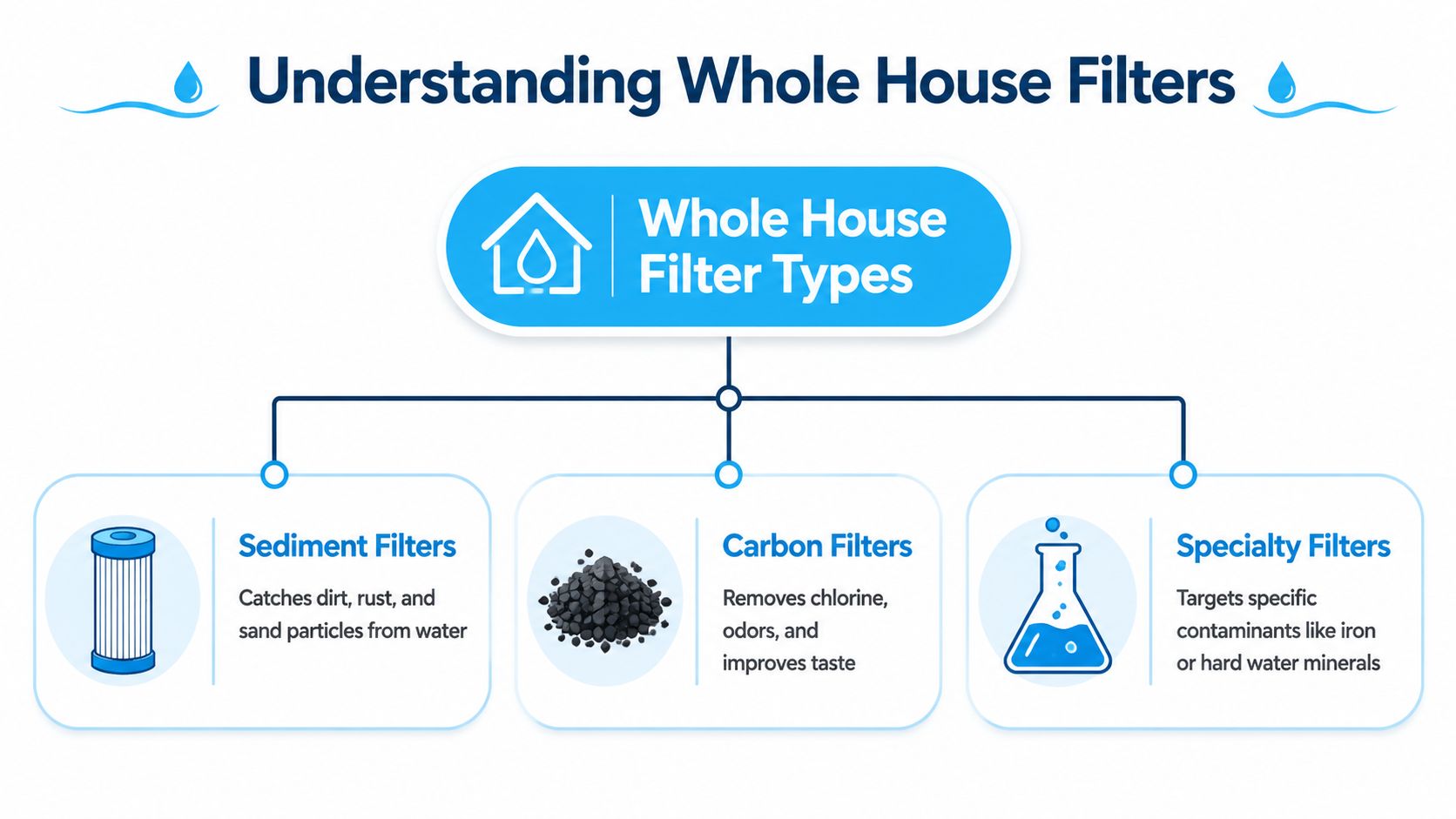 A diagram explaining three common types of whole house water filters: sediment, carbon, and specialty filters.