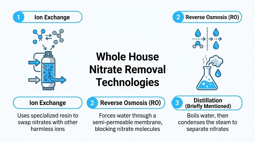 A diagram comparing three technologies for removing nitrates from whole house water systems: ion exchange, reverse osmosis, and distillation.