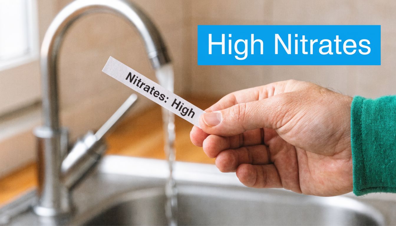 A person holding a test strip indicating high nitrate levels in front of a kitchen faucet.