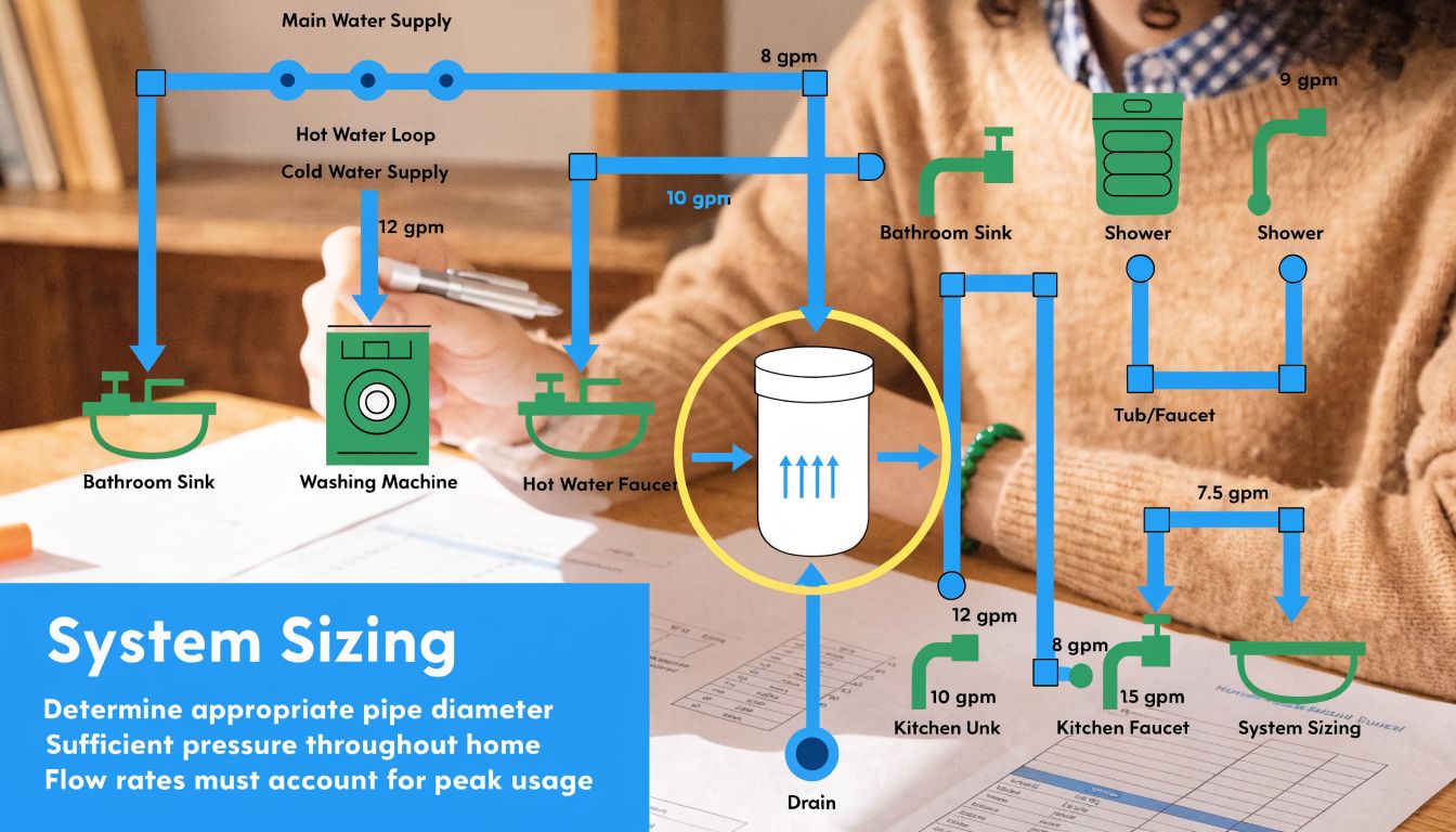 A diagram illustrating residential water system flow rates and pipe sizing for home plumbing infrastructure.