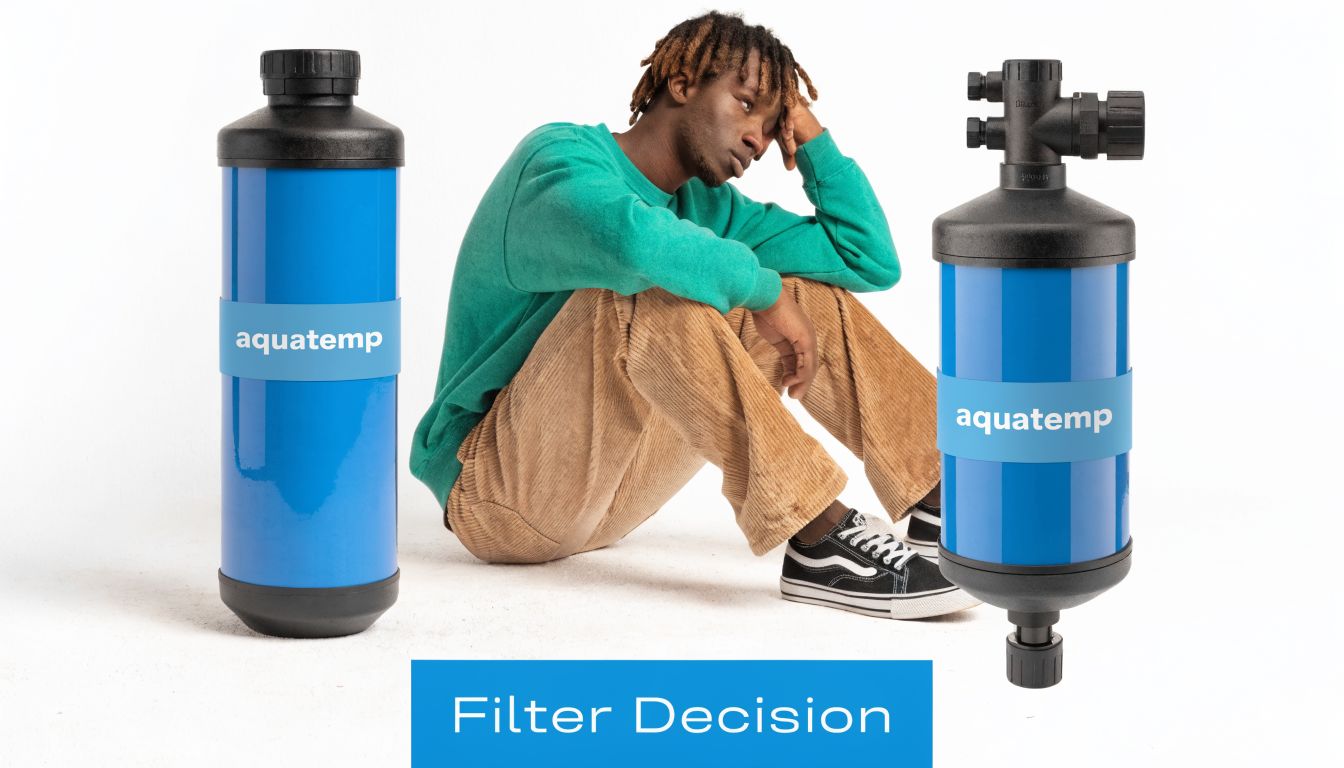 A person sitting between two blue Aquatemp water filters while appearing to contemplate a difficult decision.