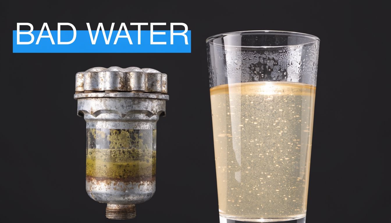 A dirty and clogged water filter cartridge next to a glass filled with cloudy contaminated tap water.