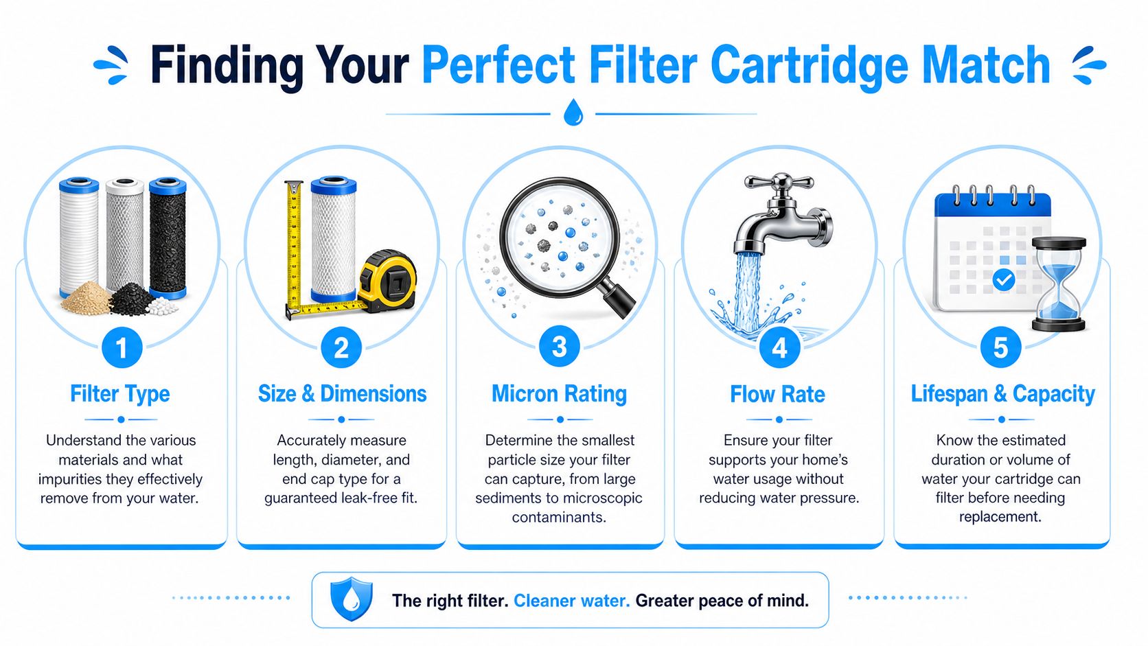 A five-step guide for choosing the right replacement water filter cartridge for your home water system.
