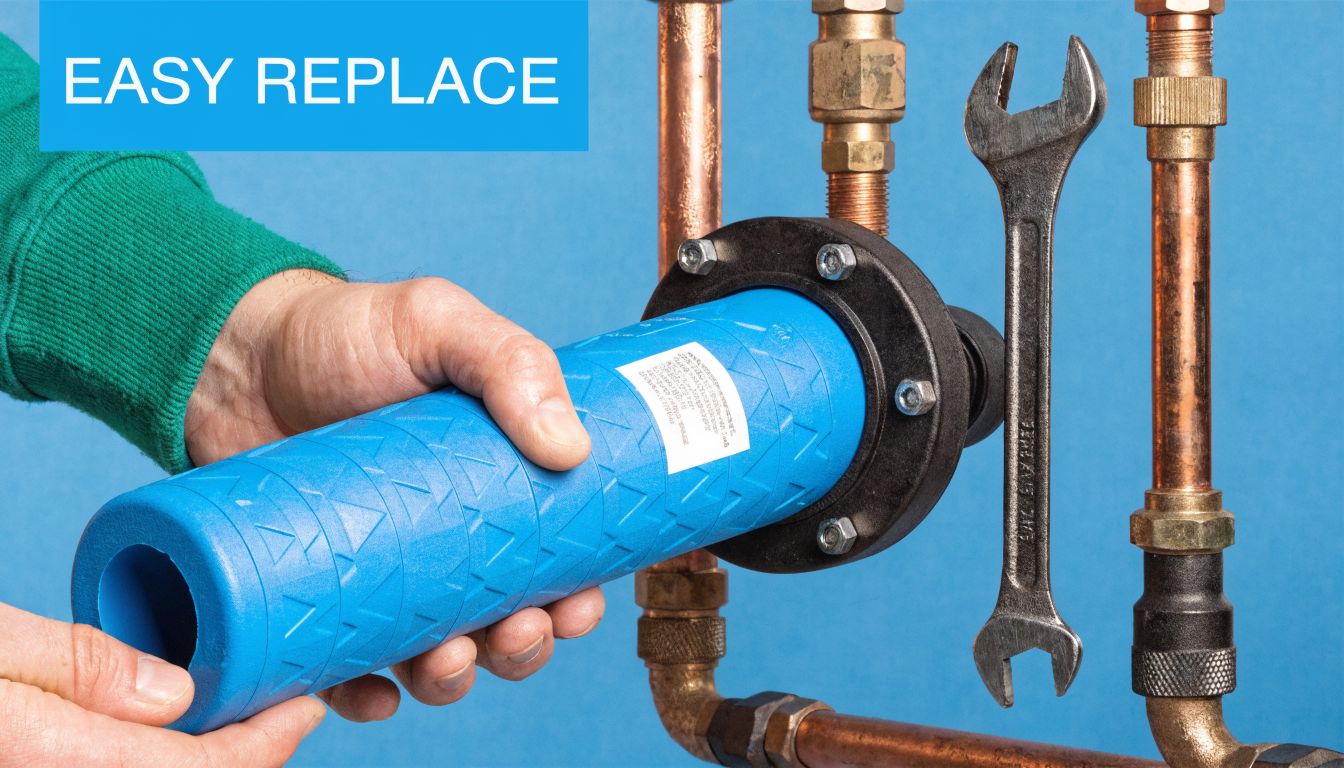 A person holding a blue water filter cartridge ready to be installed into a plumbing system.