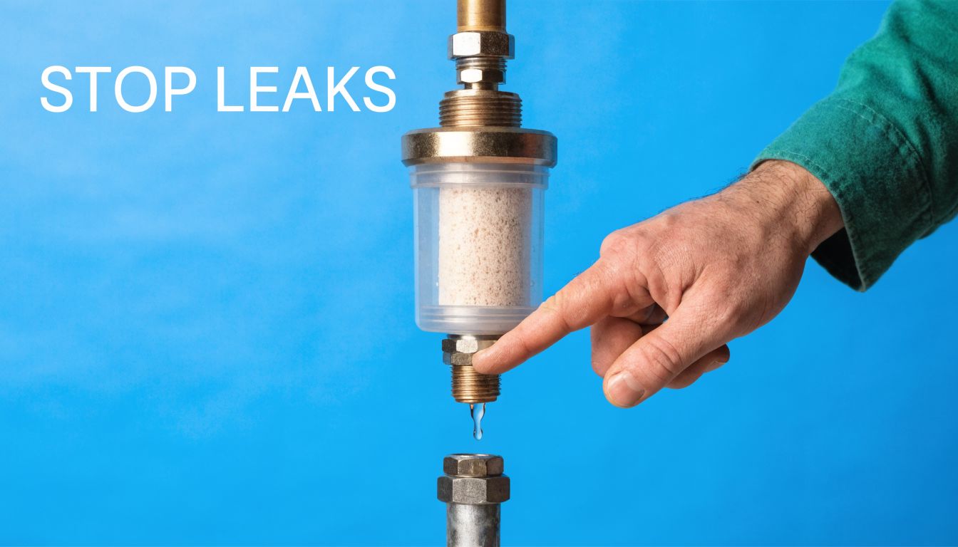 A technician points to a dripping water filter connection to demonstrate a whole house leak issue.